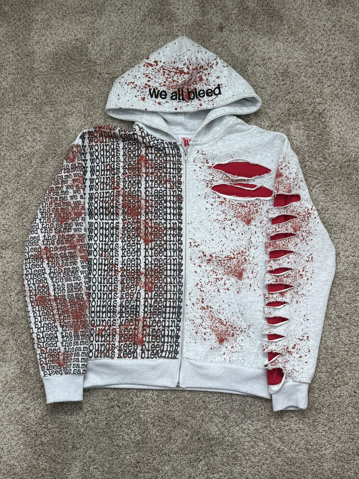 "we all bleed" zipup hoodie (ashy white)